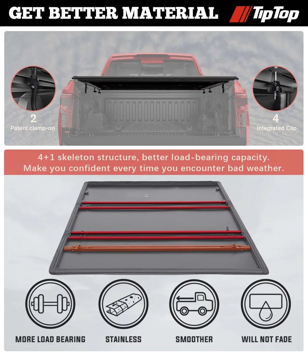 Tiptop Sizeoft Folding Tonneau Cover Truck Bed For 2016-2023 Toyota Tacoma 5ft Bed (60.5") | TPX3 |For Models With or Without The Deck Rail Sizeystem|