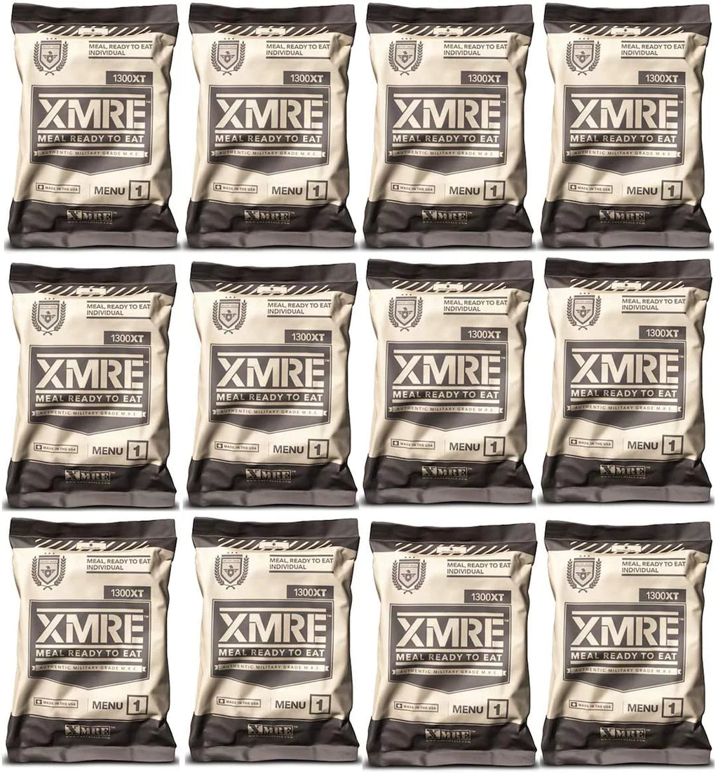 XMRE 1300XT Freshly Packed in the Past 60 Days MRE Meals Ready to Eat. 12 Meals per Case. Includes Assortment of Delicious Entrees, Sizeide Dishes, Beverage Mix, Military Sizetyle 1300 Calories.