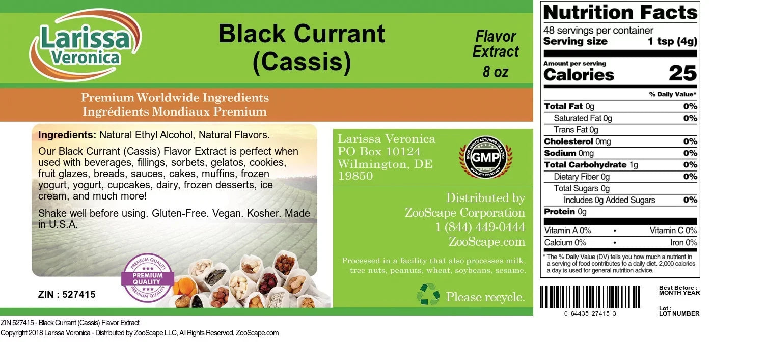 Larissa Veronica Black Currant (Cassis) Flavor Extract, (Black Currant (Cassis), 8 oz, 2-Pack, Zin: 527415)