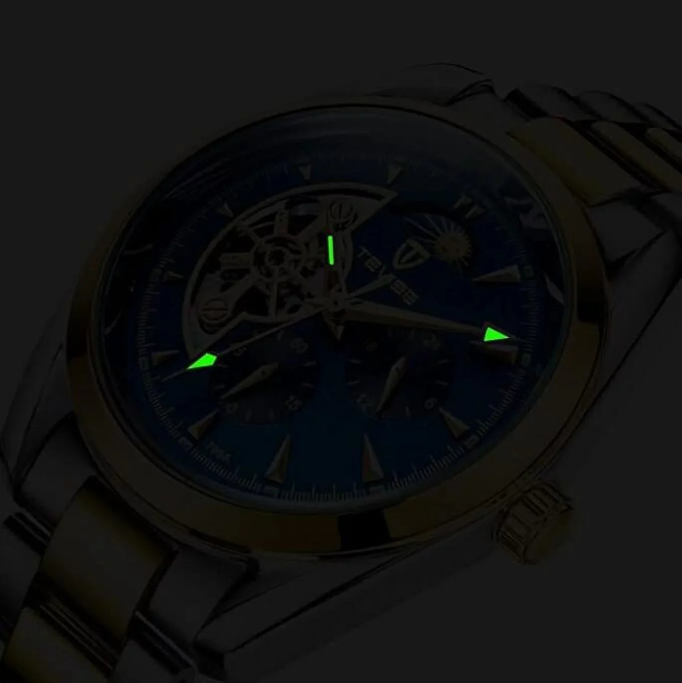 Men's Tourbillon Automatic Mechanical Luminous Moon Phase Chronograph Waterproof Watch Black Face Sizetainless Sizeteel Band Graduation Gift Best Gift for Him