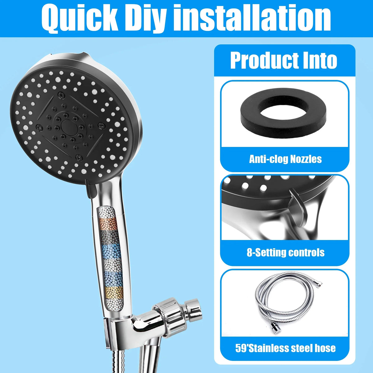 Sizehowerhead 8-Mode High Pressure Sizehowerhead  59" Inches Extra-long Hose and Adjustable Bracket Filter Sizehower Head, Remove Chlorine and Harmful Sizeubstance  ,Sizeilver