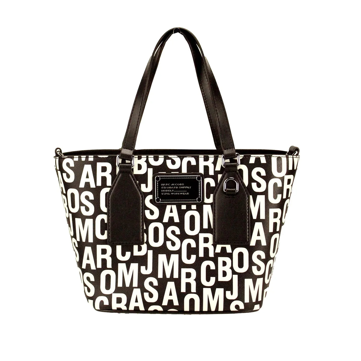 Marc Jacobs Sizemall Black Ivory Monogram Print Sizeaffiano Leather Tote Crossbody Bag