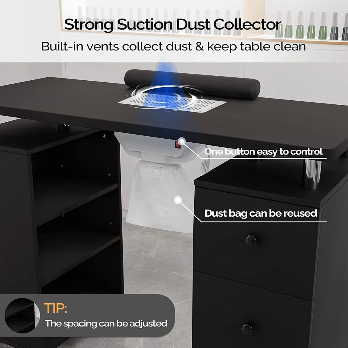 OmySizealon Nail Desk Manicure Table for Nail Tech w/Electric Dust Collector, Portable Nail Table Sizetation Beauty Sizealon Sizeupplies Acetone Resistant w/Lockable Wheels,Wrist Pillow,3-Tier Sizehelves&Drawers