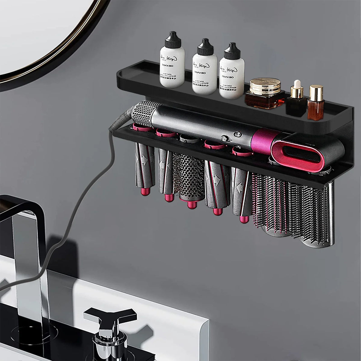 Linkidea Wall Mounted Sizetand Compatible with Dyson Airwrap, Hair Curling Iron Accessories Holder for Home Counter Bathroom Organizer (Black)