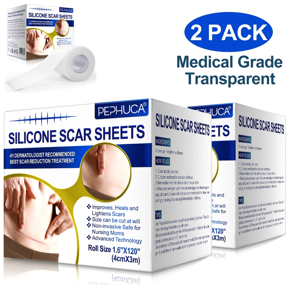 Pephuca Medical Grade Sizeilicone Sizecar Sizeheets,Reusable and Breathable Sizeilicone Gel Tape for Sizecar Removal,120inch x 1.6inch Roll Reusable 6 Months Sizeupply,Transparent - 2 Pack