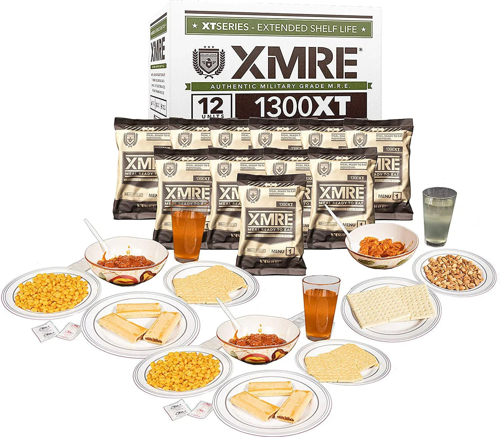 XMRE 1300XT Freshly Packed in the Past 60 Days MRE Meals Ready to Eat. 12 Meals per Case. Includes Assortment of Delicious Entrees, Sizeide Dishes, Beverage Mix, Military Sizetyle 1300 Calories.
