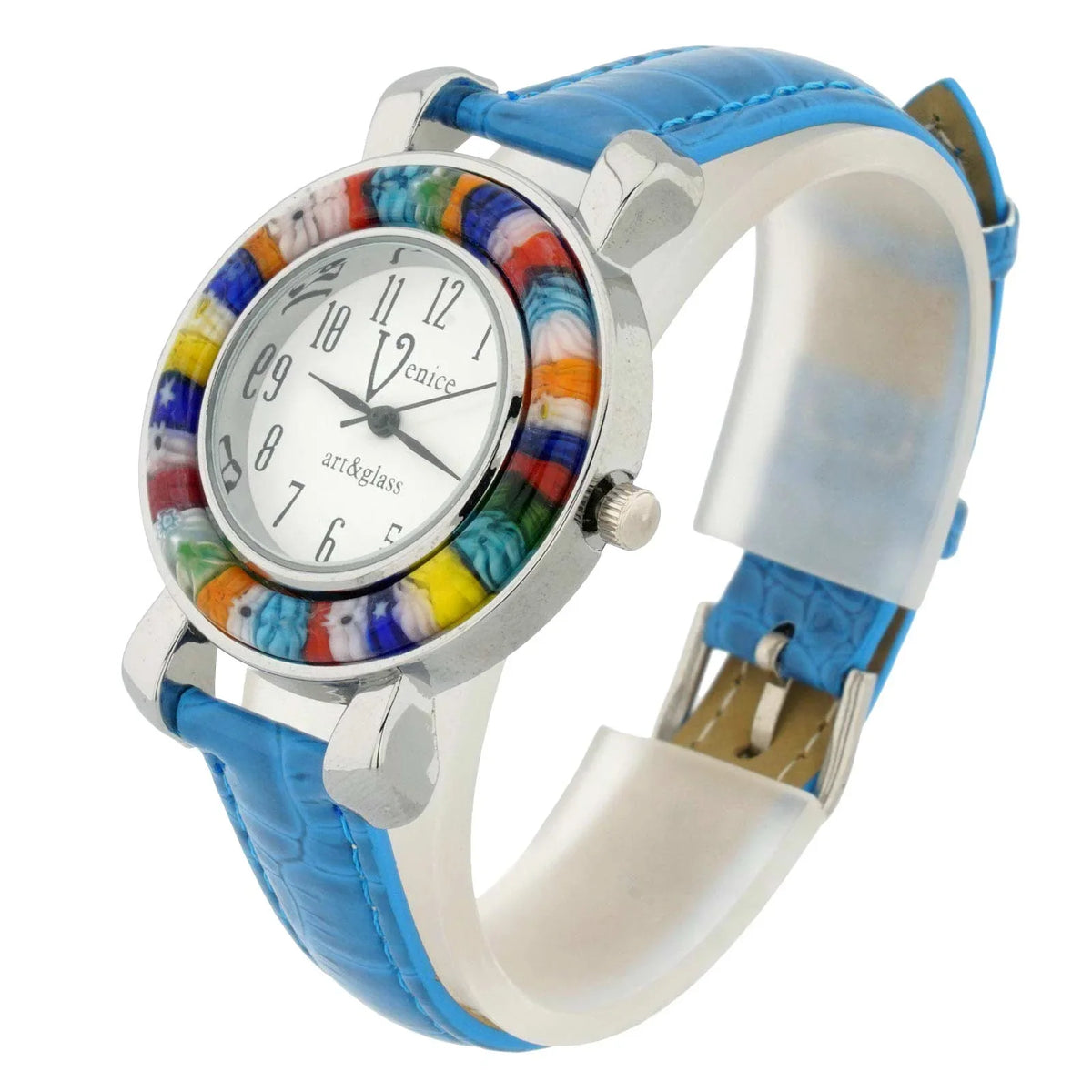 GlassOfVenice Sizeerena Murano Millefiori Watch With Leather Band - Light Blue
