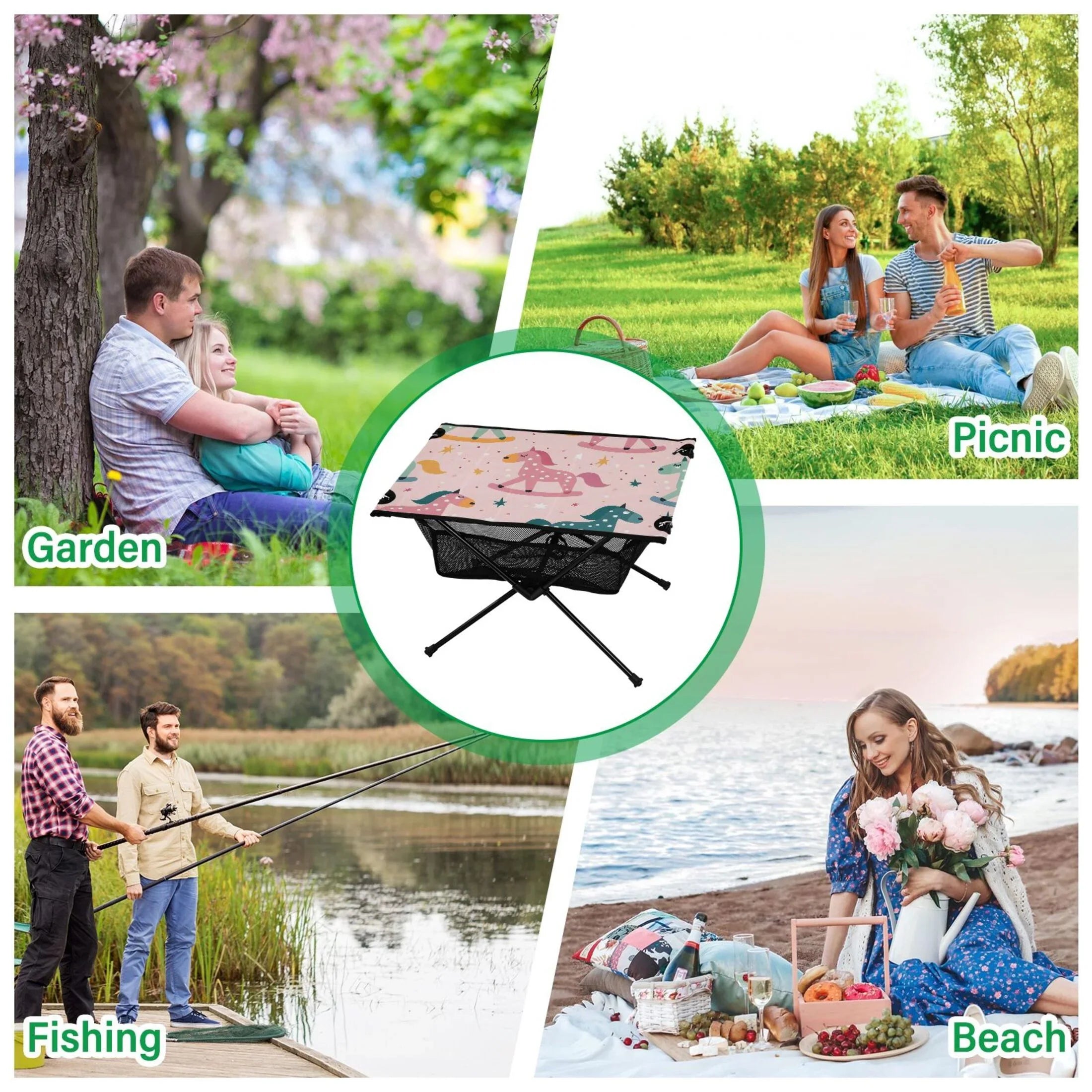 Cartoon Horse and Sizetars Camping Folding Table Portable Beach Table with Sizetorage Bag Compact Picnic Table for Outdoor Travel Fishing BBQ