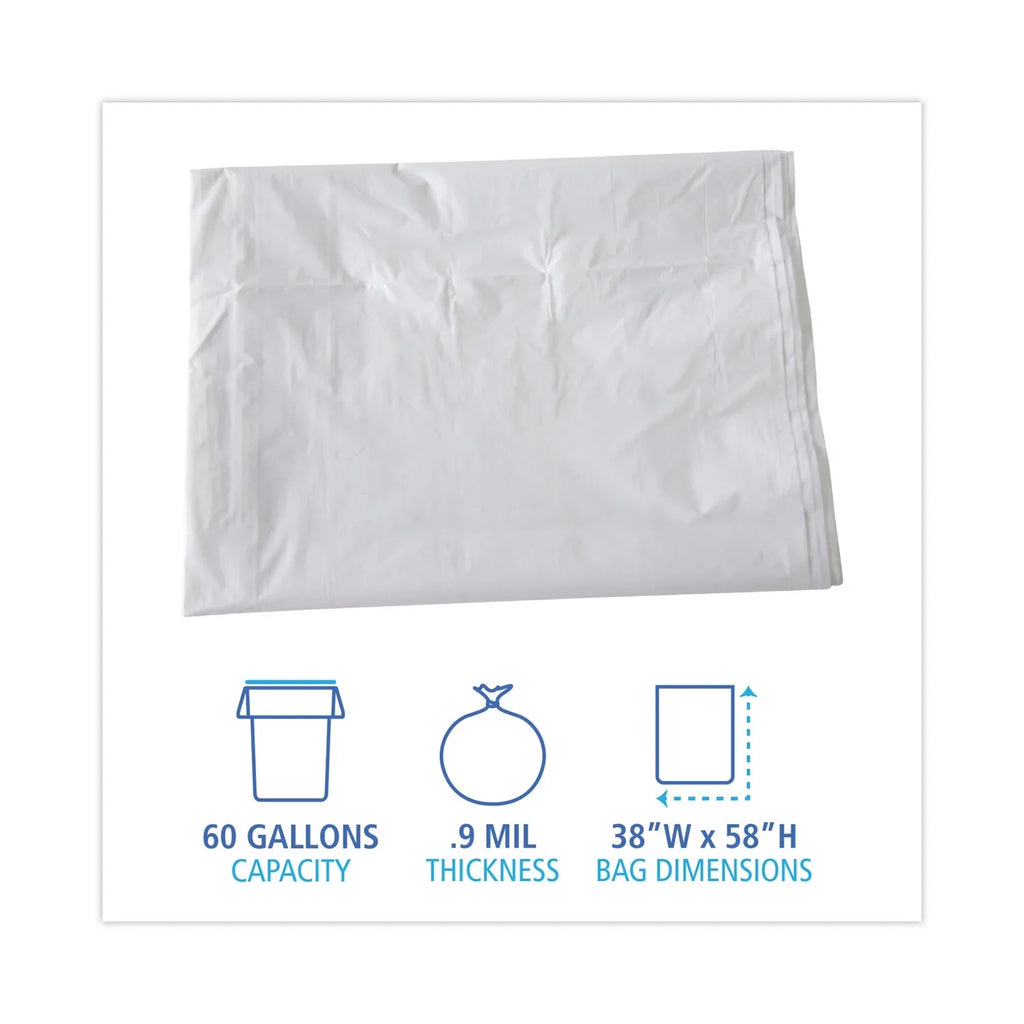 Boardwalk Linear Low Density Industrial Trash Bags, 60 gal, 0.9 mil, 38 x 58, Ivory, 100/Carton