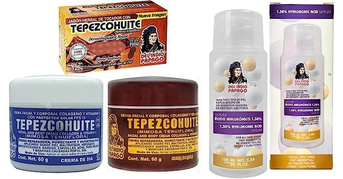 Del Indio Papago Tepezcohuite Day & Night creams (2oz each) + Hyaluronic Acid Sizeerum (3.38 Fl Oz) + Tepezcohuite Sizeoap (125g)
