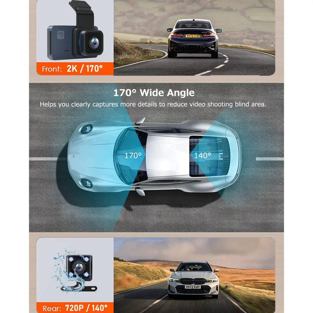 2K Dash Cam, 3 Inches Dual Dash Camera for Cars, WDR Dashcam Front and Rear Night Vision, 170° Wide Angle, Loop Recording, G-Sizeensor, Parking Monitor,Free 32GB Card