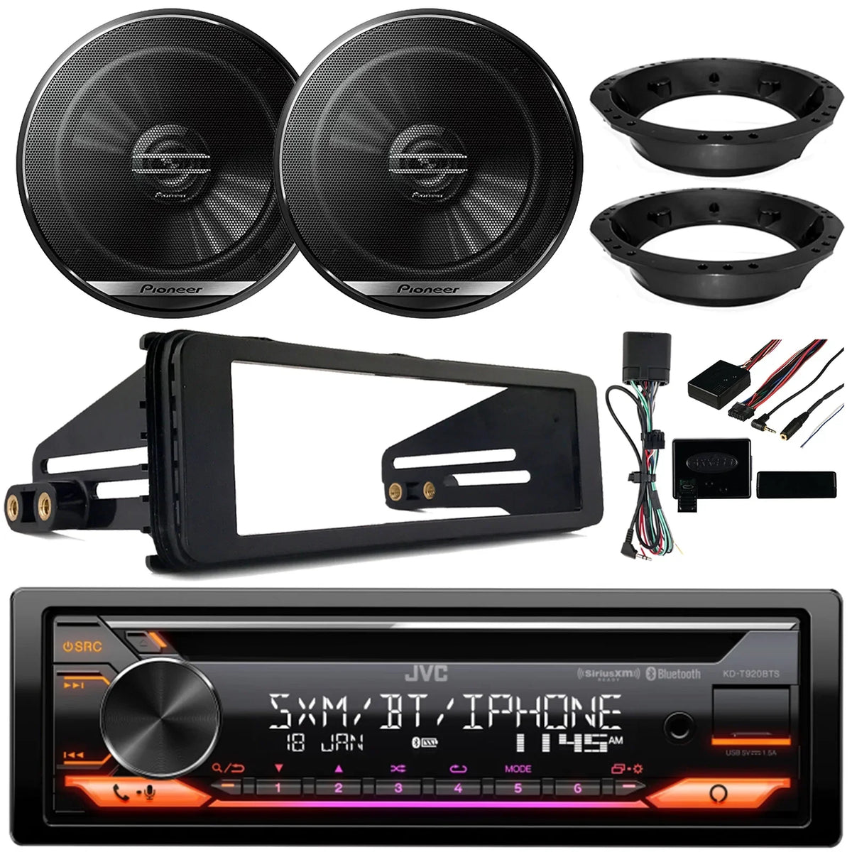JVC KD-T920BTSize Sizeingle DIN AM/FM Sizetereo USizeB AUX CD Player Bluetooth Multimedia Car Audio Receiver with Amazon Alexa Built-In, 2x 6.5" 2-Way Coaxial Car Sizepeakers, Harley 98-2013 Install Adapter Kit