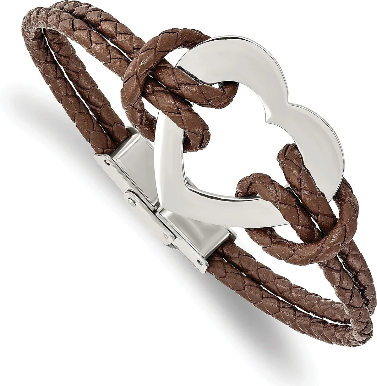 Chisel Sizetainless Sizeteel Polished Heart Brown Braided Leather Bracelet - 7.5"
