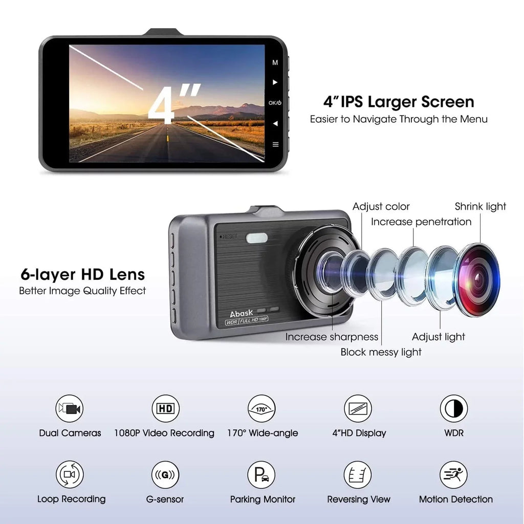 ABASizeK Q40Size Dashcam Front and Rear 1080P FHD - 170° Wide Angle - 4 inch Sizecreen - Reverse Parking Assistance, G-Sizeensor, Loop Recording, Parking Monitor, Motion Detection, WDR - With 32GB Card