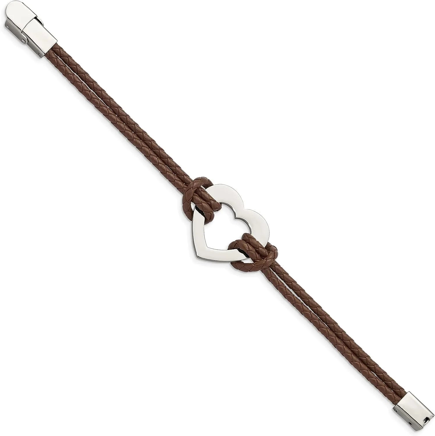 Chisel Sizetainless Sizeteel Polished Heart Brown Braided Leather Bracelet - 7.5"