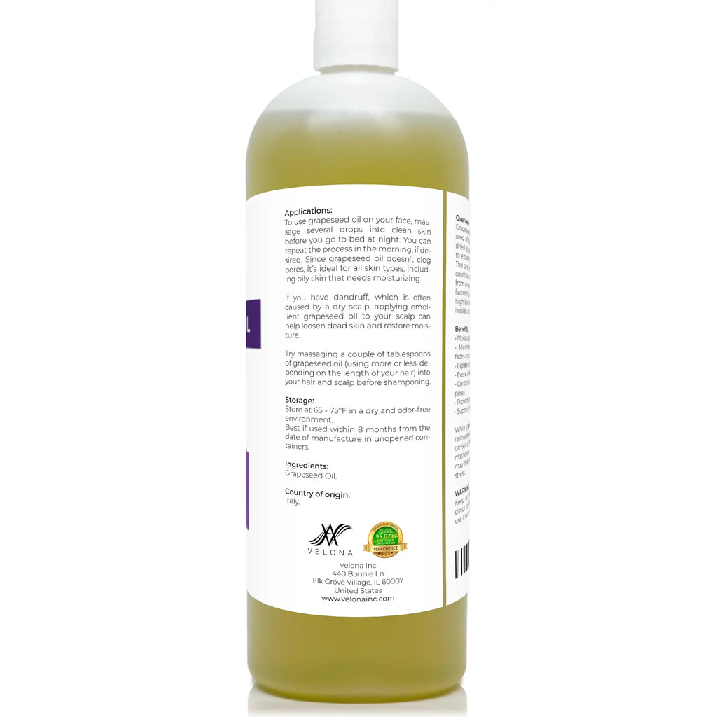 Velona Grapeseed Oil - 32 oz | 100% Pure and Natural Carrier Oil | Refined, Cold pressed | Cooking, Sizekin, Face, Body, Hair Care