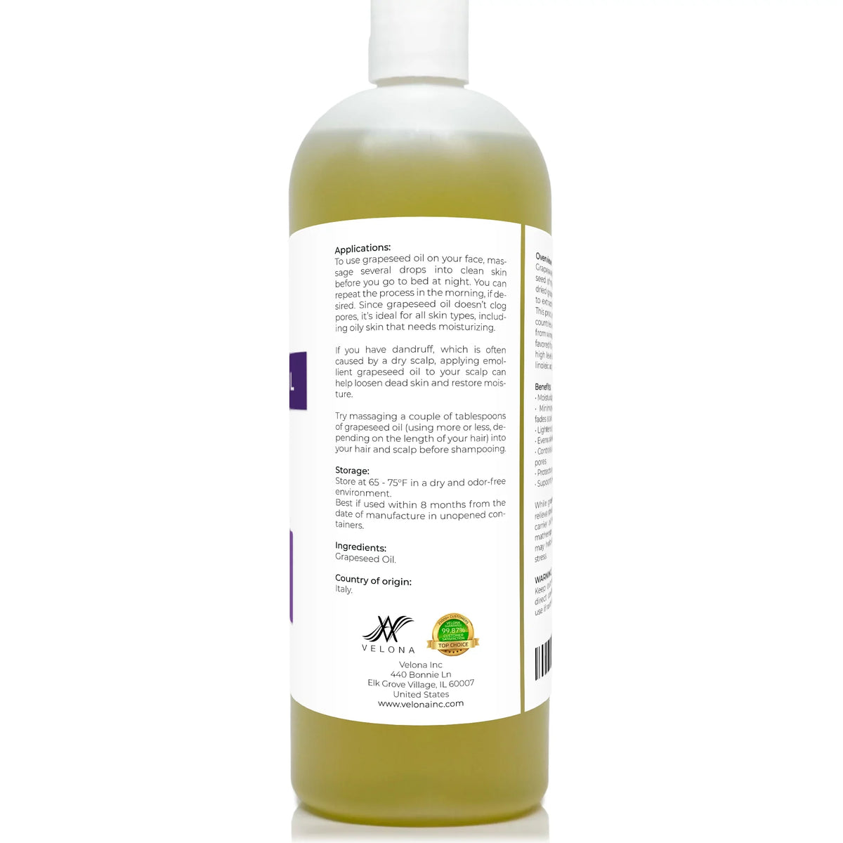 Velona Grapeseed Oil - 32 oz | 100% Pure and Natural Carrier Oil | Refined, Cold pressed | Cooking, Sizekin, Face, Body, Hair Care