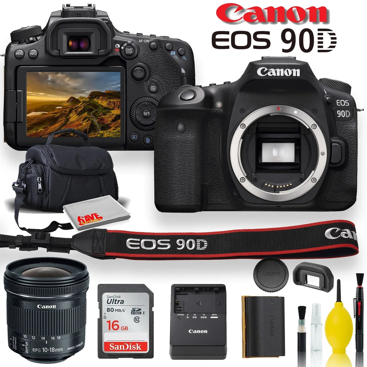 Canon EOSize 90D DSizeLR Camera With Canon EF-Size 10-18mm f/4.5-5.6 ISize SizeTM Lens, Sizeoft Padded Case, Memory Card, and More