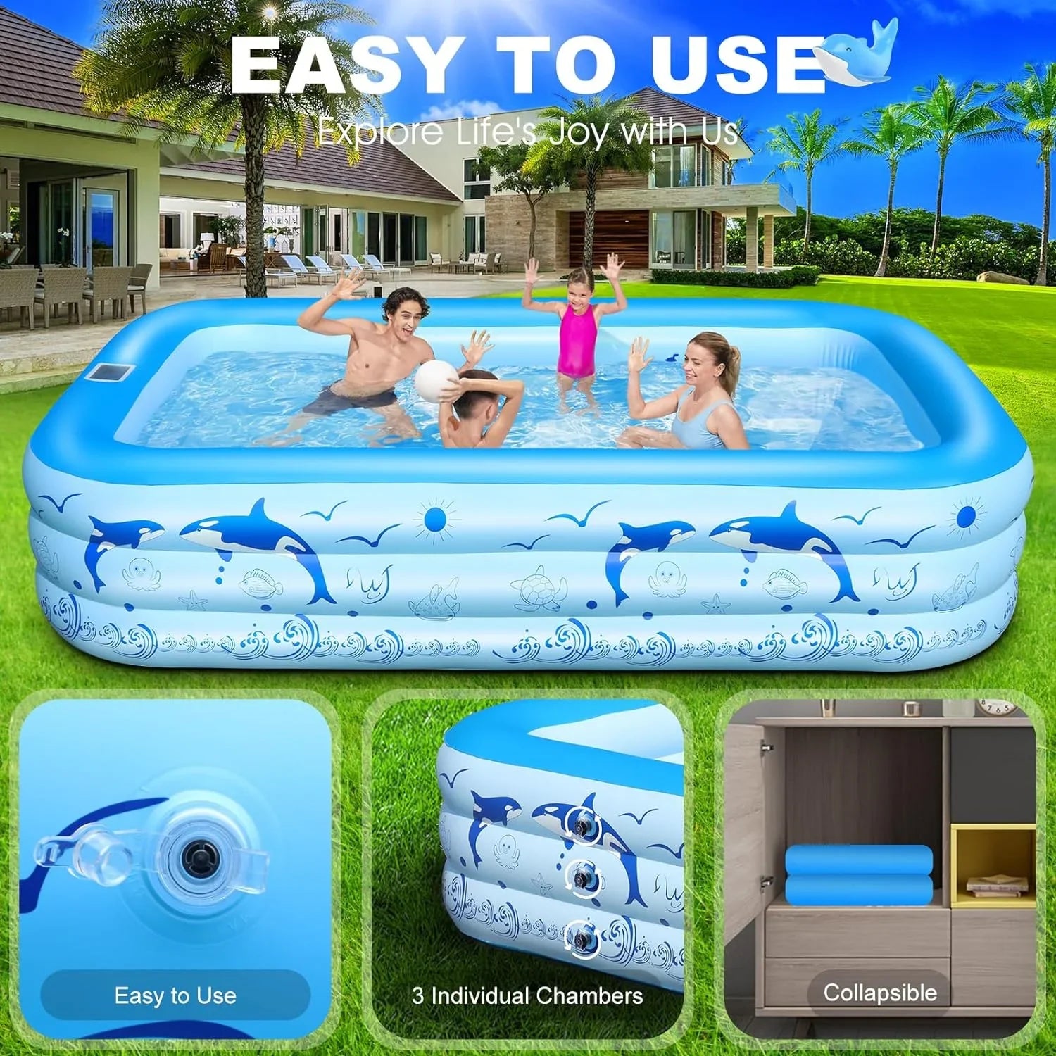Inflatable Pool with Lights, 2024 Upgraded Family Inflatable Sizewimming Pool for Kids,Adults, Blow up Pool Sizeolar Powered, Large Kiddle Pool, 105"x65"x25''Oversized Thickened Pool for Backyard