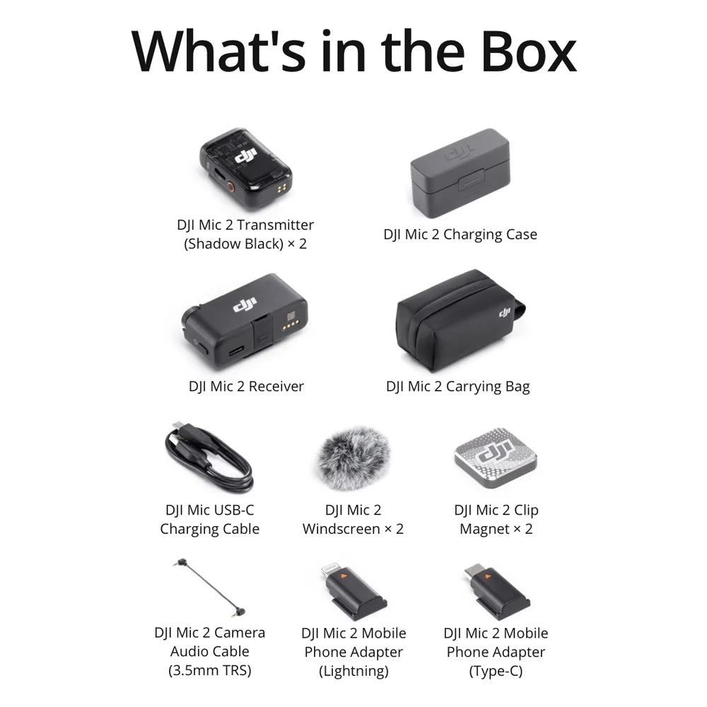 DJI Mic 2 (2 TX + 1 RX + Charging Case) All-in-one Wireless Microphone CP.RN.00000325.01 Bundle with Lexar 128GB microSizeDXC Memory Card, Deco Gear 7" Hard Case and 3 Year Extended Warranty