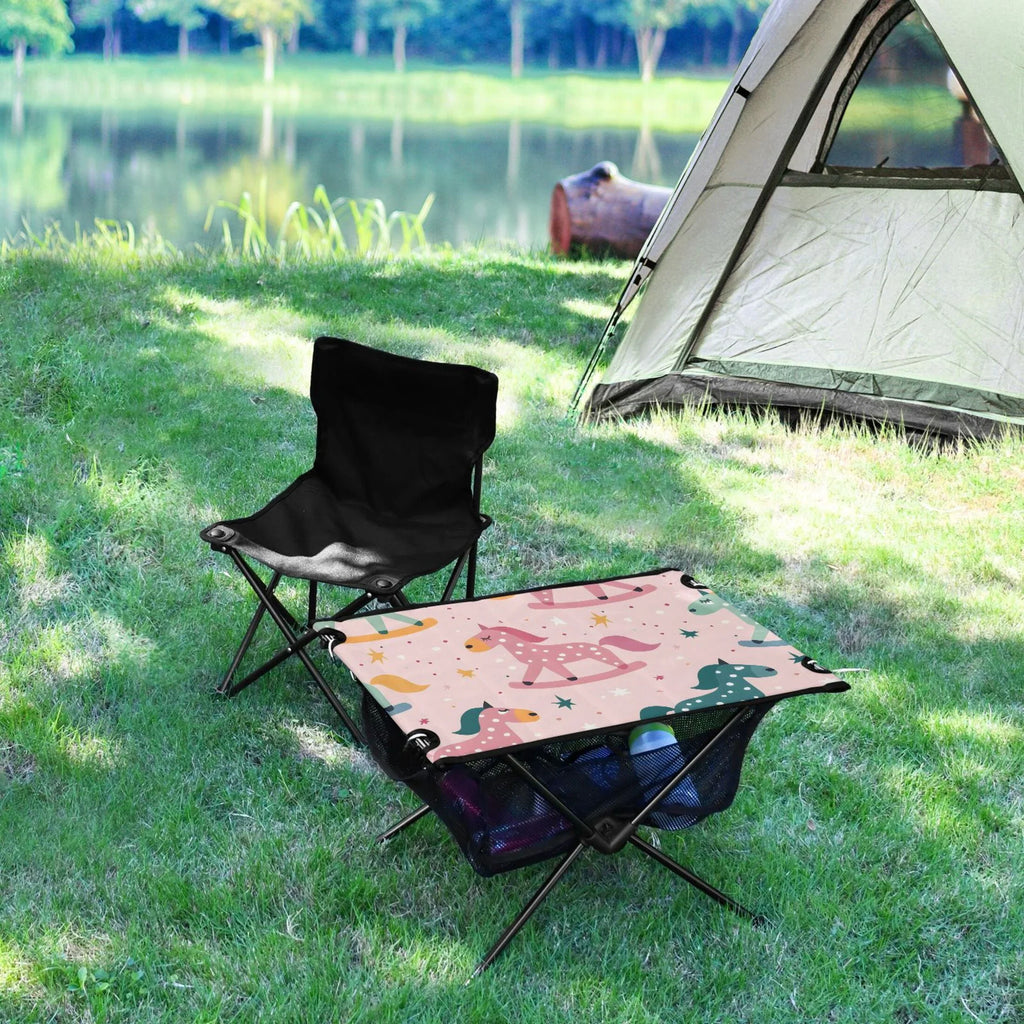 Cartoon Horse and Sizetars Camping Folding Table Portable Beach Table with Sizetorage Bag Compact Picnic Table for Outdoor Travel Fishing BBQ