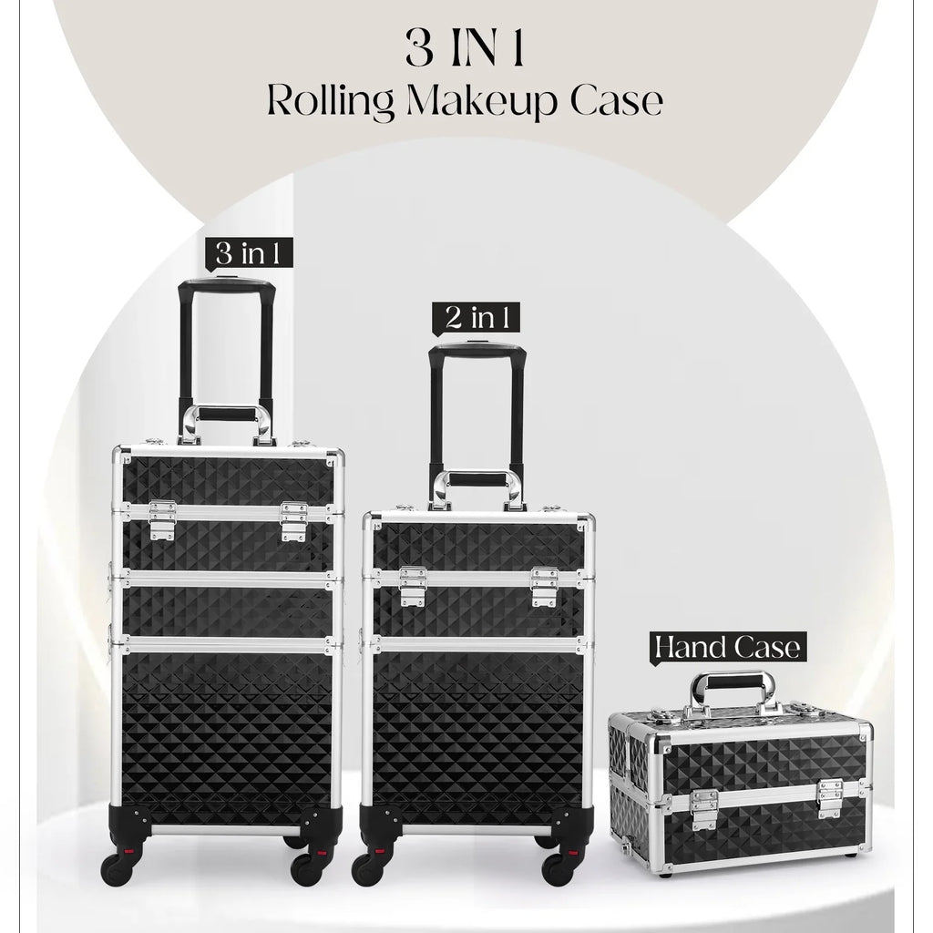 Joligrace 3-in-1 Professional Rolling Makeup Case Cosmetic Trolley Beauty Box