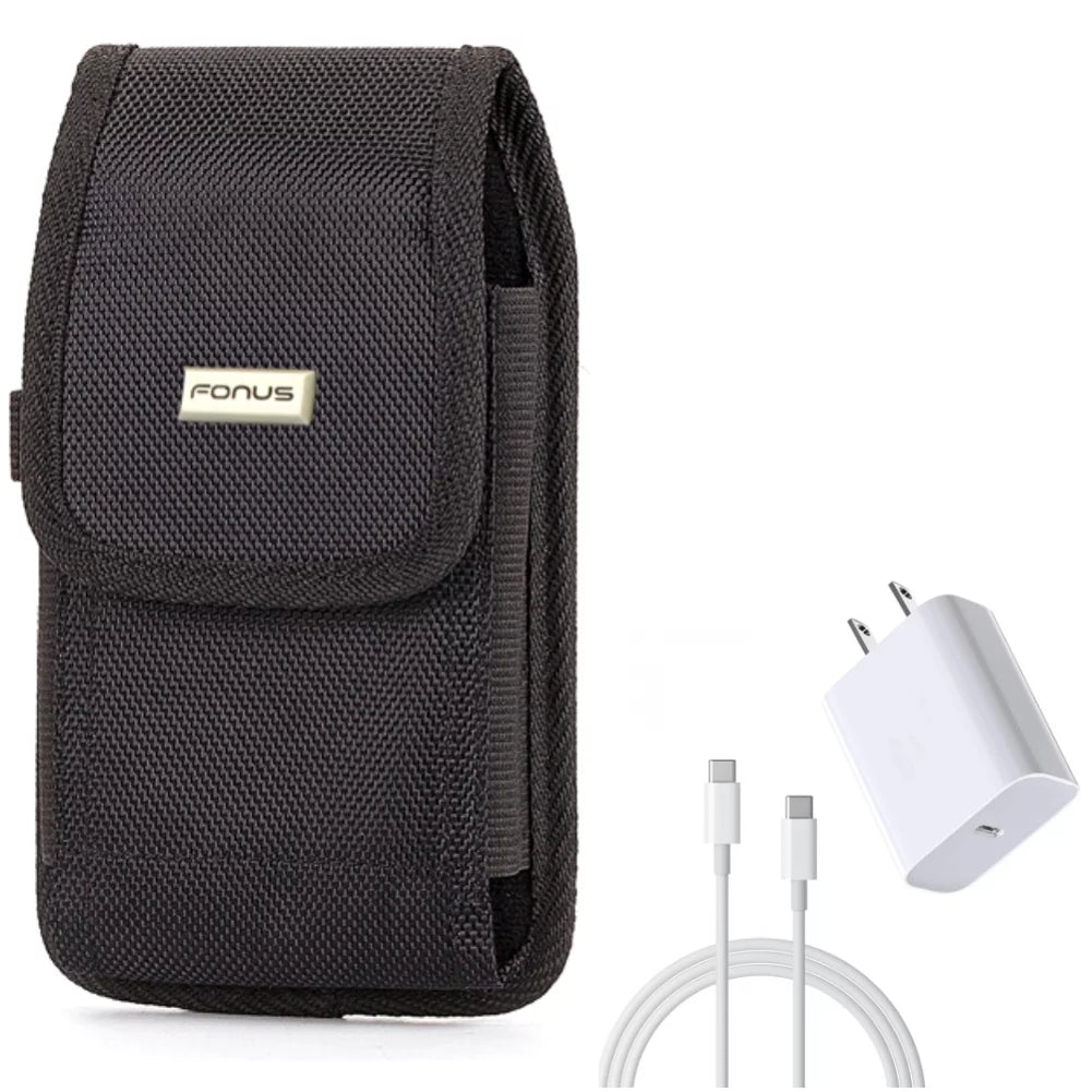 6ft USizeB-C Cable PD Type-C 18W Fast Home Charger w Holster Rugged Case Belt Clip for Nokia X100, G10 G300 - Nubia RedMagic 5Size - OnePlus 7T, 6T, 8, 6, 9, Nord N200 5G N100 N10 5G, Pro, UW