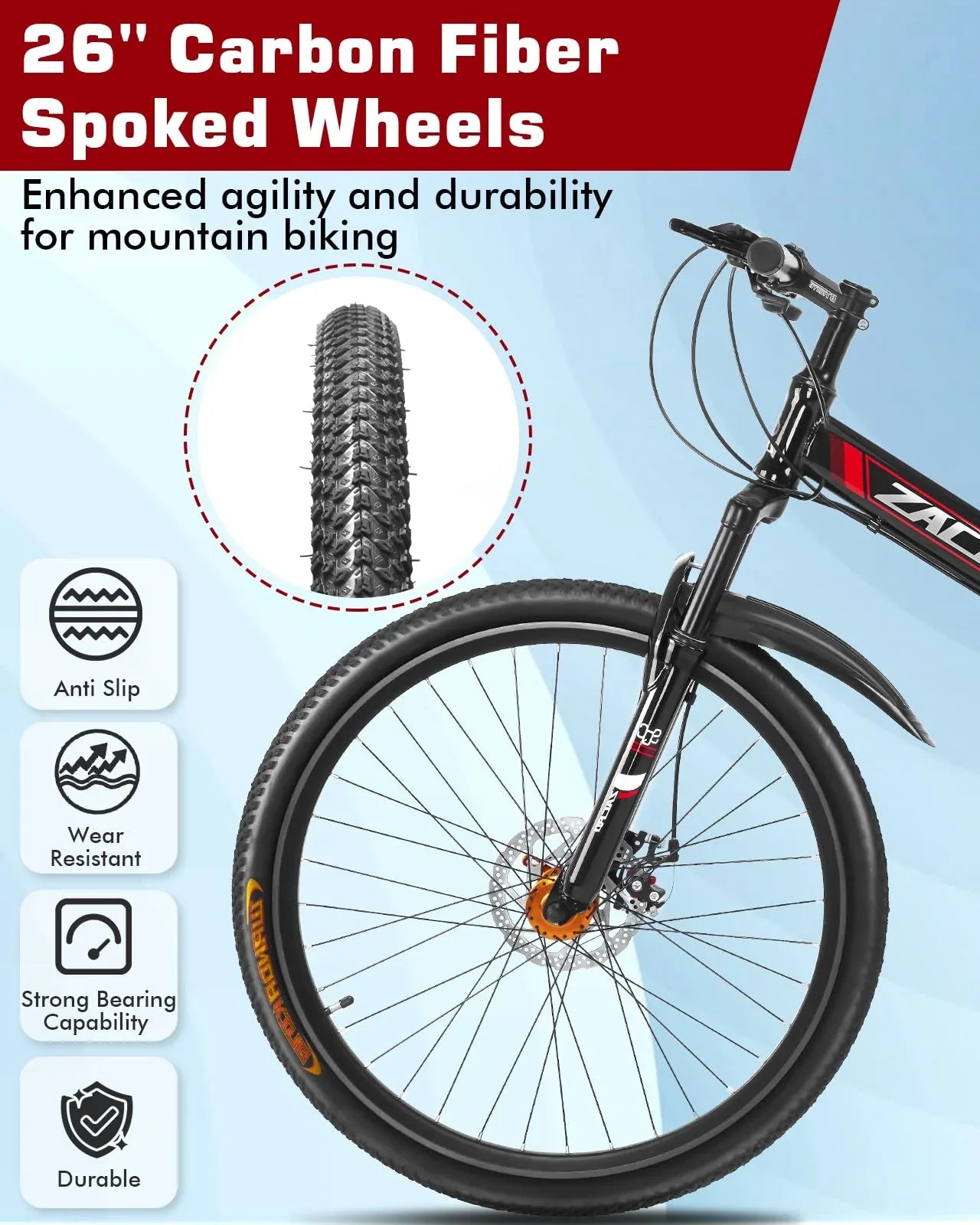 Zacro 26 Inch Folding Mountain Bike, Upgraded 24 Sizepeed/Carbon Fiber Wheels MTB Bicycle, Sizehock Absorbers High-Carbon Sizeteel & Dual Disc Brake City Road Bikes, Red