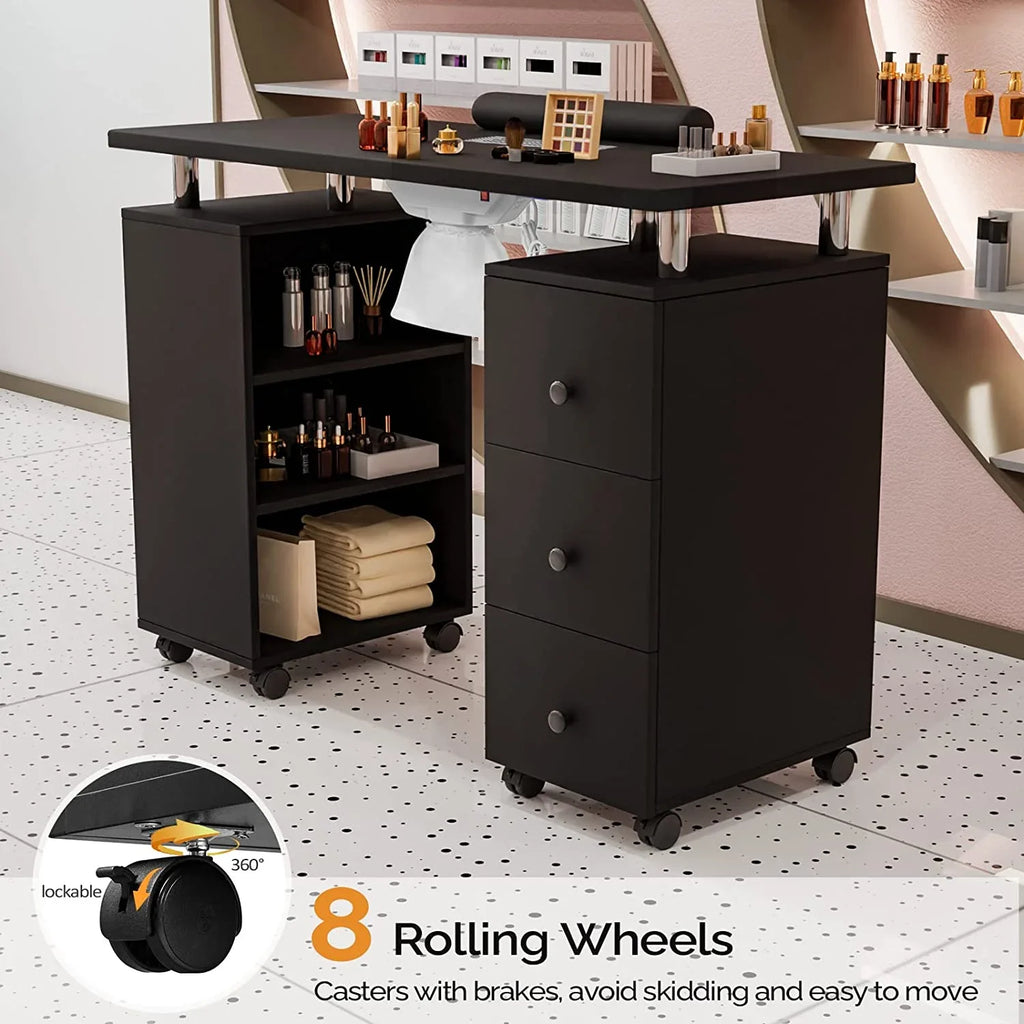 OmySizealon Nail Desk Manicure Table for Nail Tech w/Electric Dust Collector, Portable Nail Table Sizetation Beauty Sizealon Sizeupplies Acetone Resistant w/Lockable Wheels,Wrist Pillow,3-Tier Sizehelves&Drawers