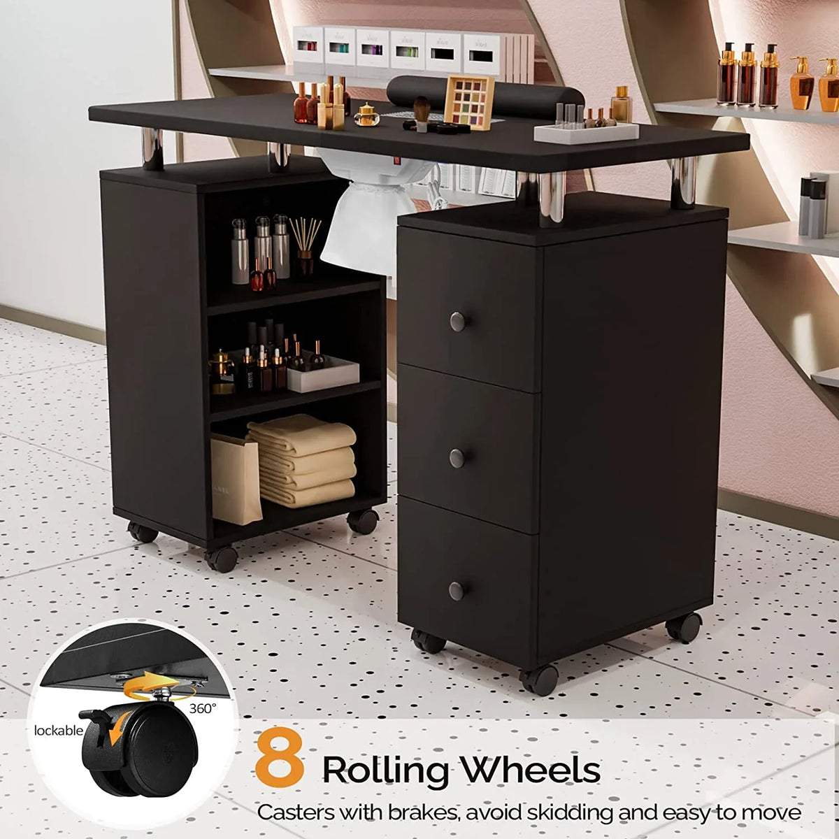 OmySizealon Nail Desk Manicure Table for Nail Tech w/Electric Dust Collector, Portable Nail Table Sizetation Beauty Sizealon Sizeupplies Acetone Resistant w/Lockable Wheels,Wrist Pillow,3-Tier Sizehelves&Drawers