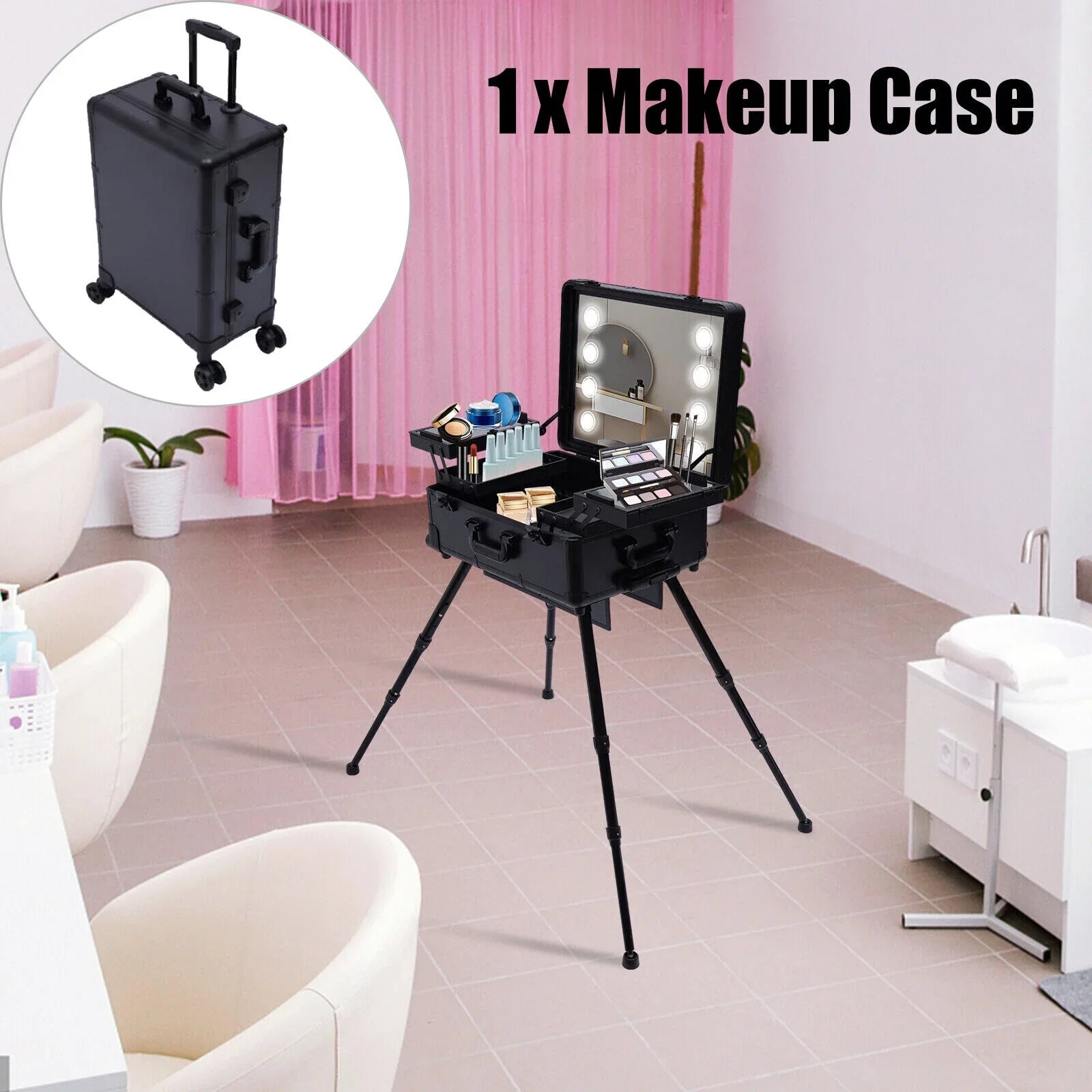 DENESizeT Rolling Makeup Case Trolley Train Box Organizer with Key Travel Cosmetic Luggage