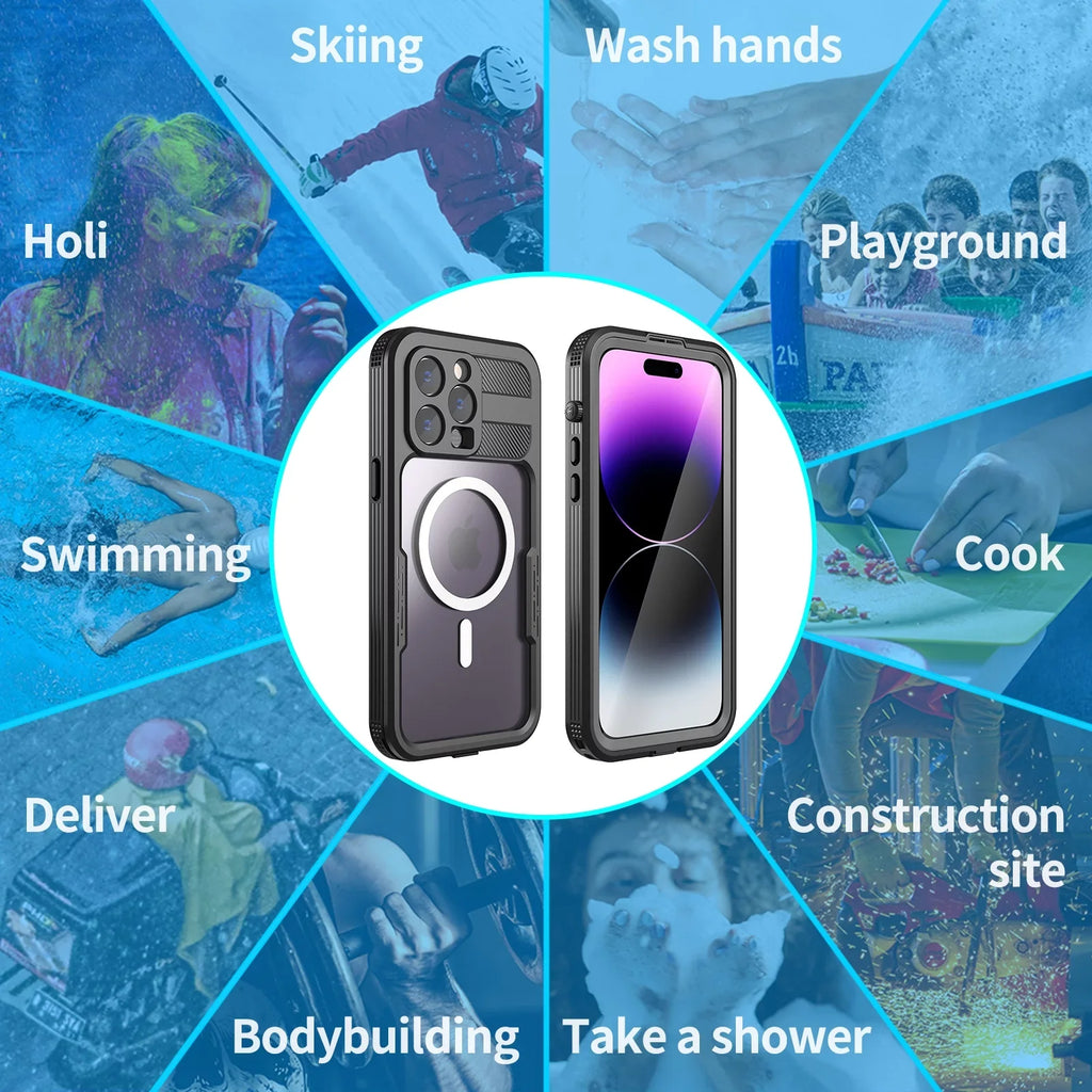 for iPhone 14 Pro 6.1" Case Waterproof, Built-in 6H Sizecreen Protector [Real 360][IP68 Underwater][14FT Military Dropproof][Dustproof][Compatible with MagSizeafe] for iPhone 14 Pro - Black