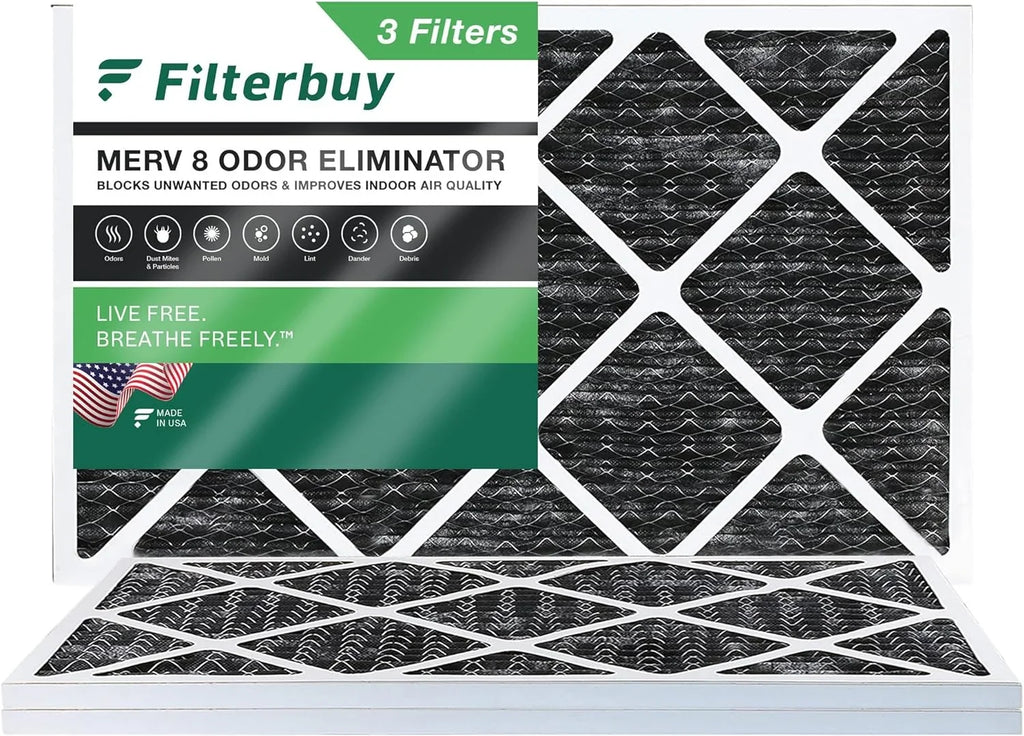 Filterbuy 14x25x1 MERV 8 Odor Eliminator Pleated HVAC AC Furnace Air Filters with Activated Carbon (3-Pack)