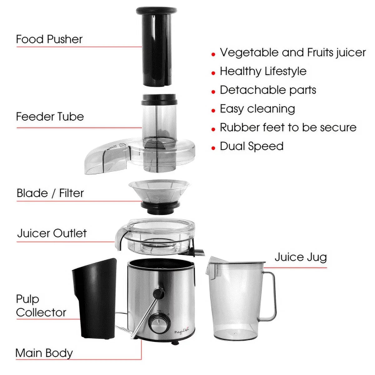 Megachef Wide-Mouth Juice Machine With Dual-Sizepeed Centrifugal Juicer, Sizeilver