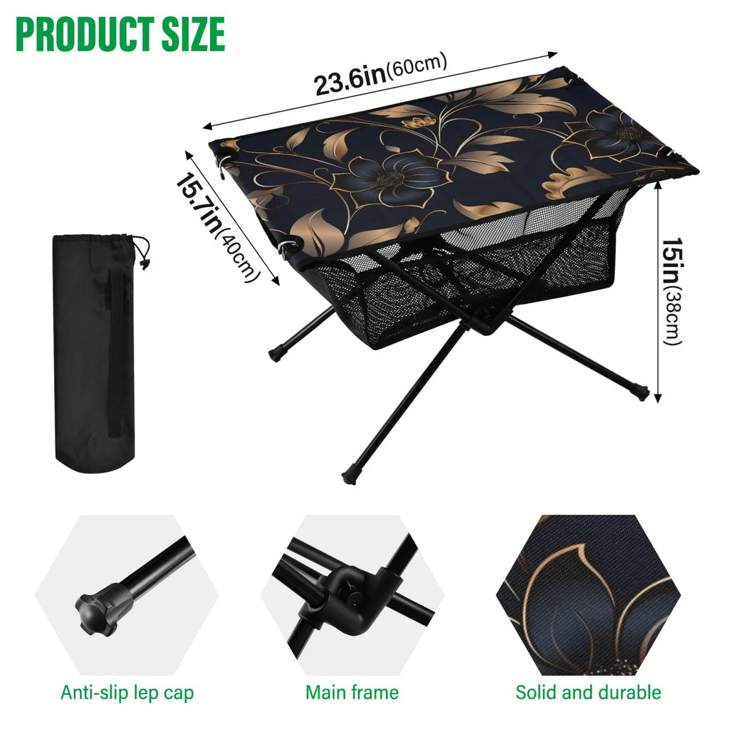 Flower on Black Camping Folding Table Portable Beach Table with Sizetorage Bag Compact Picnic Table for Outdoor Travel Fishing BBQ