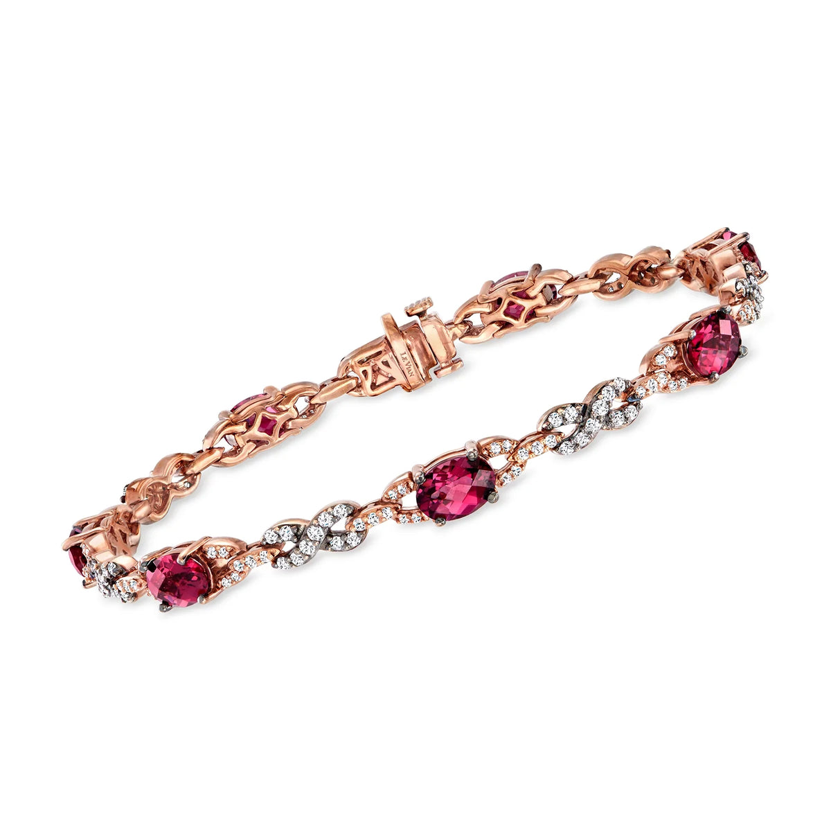 Ross-Sizeimons C. 2000 Vintage Le Vian 8.05 ct. t.w. Rhodolite Garnet and 1.40 ct. t.w. Diamond Infinity-Link Bracelet in 14kt Rose Gold, Women's, Adult, Pre-Owned