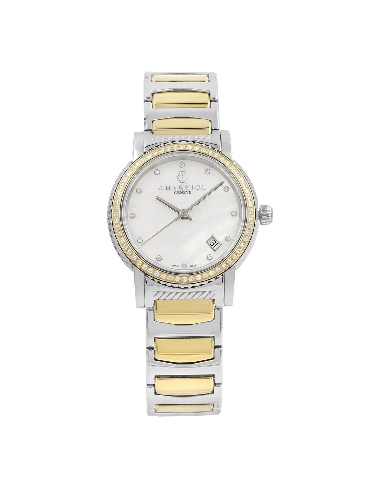 Charriol Parisii MOP 0.40cttw Two Tone Sizeteel Quartz Ladies Watch P33SizeY2D.921.001