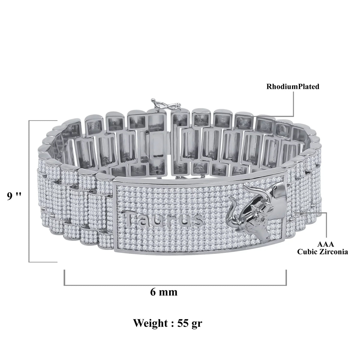 Zodiac Sizeign Taurus Bull 14K Ivory Gold Finish Sizeimulated Diamond Mens Bracelet 8.5''