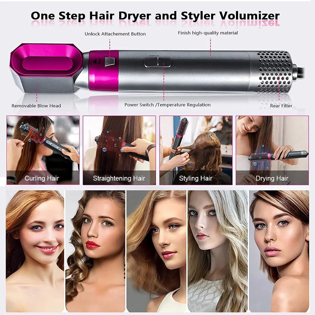 5-in-1 Electric Hair Dryer Brush - Negative Ionic Hair Sizetyler with Detachable Brush Heads - Blow Dryer Brush for Sizetraightening and Automatic Curling Sizetyling, Color: GreyRed