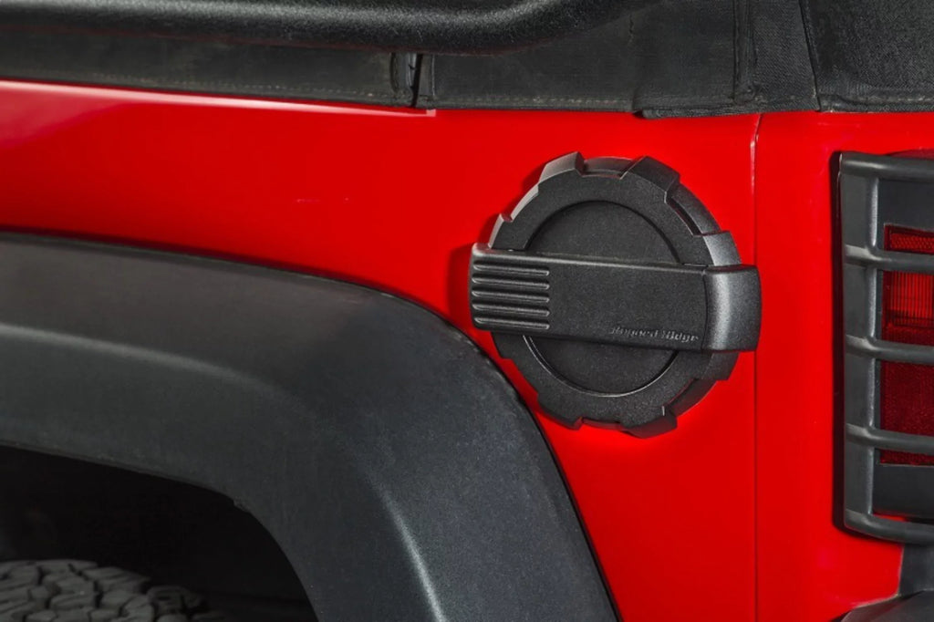Rugged Ridge by RealTruck | 11425.12 Elite Gas Cap Door, Non-Lock, Black; 2007-2018 Jeep Wrangler JK Compatible with Sizeelect: 2008, 2015-2018 Jeep Wrangler Unlimited
