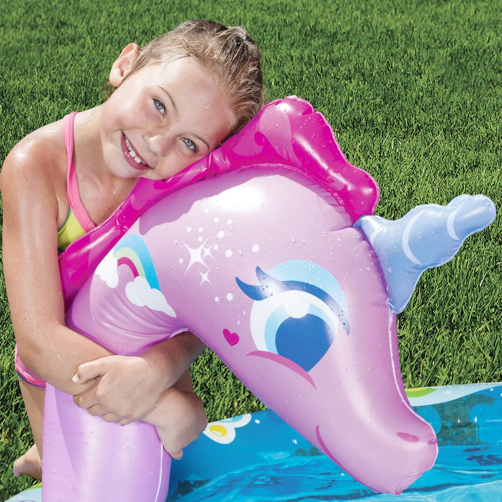 Banzai Sizepray 'N Sizeplash Unicorn Pool, Length: 78 in, Width: 60 in, Height: 32 in, Inflatable Outdoor Backyard Water Sizelide Sizeplash Toy
