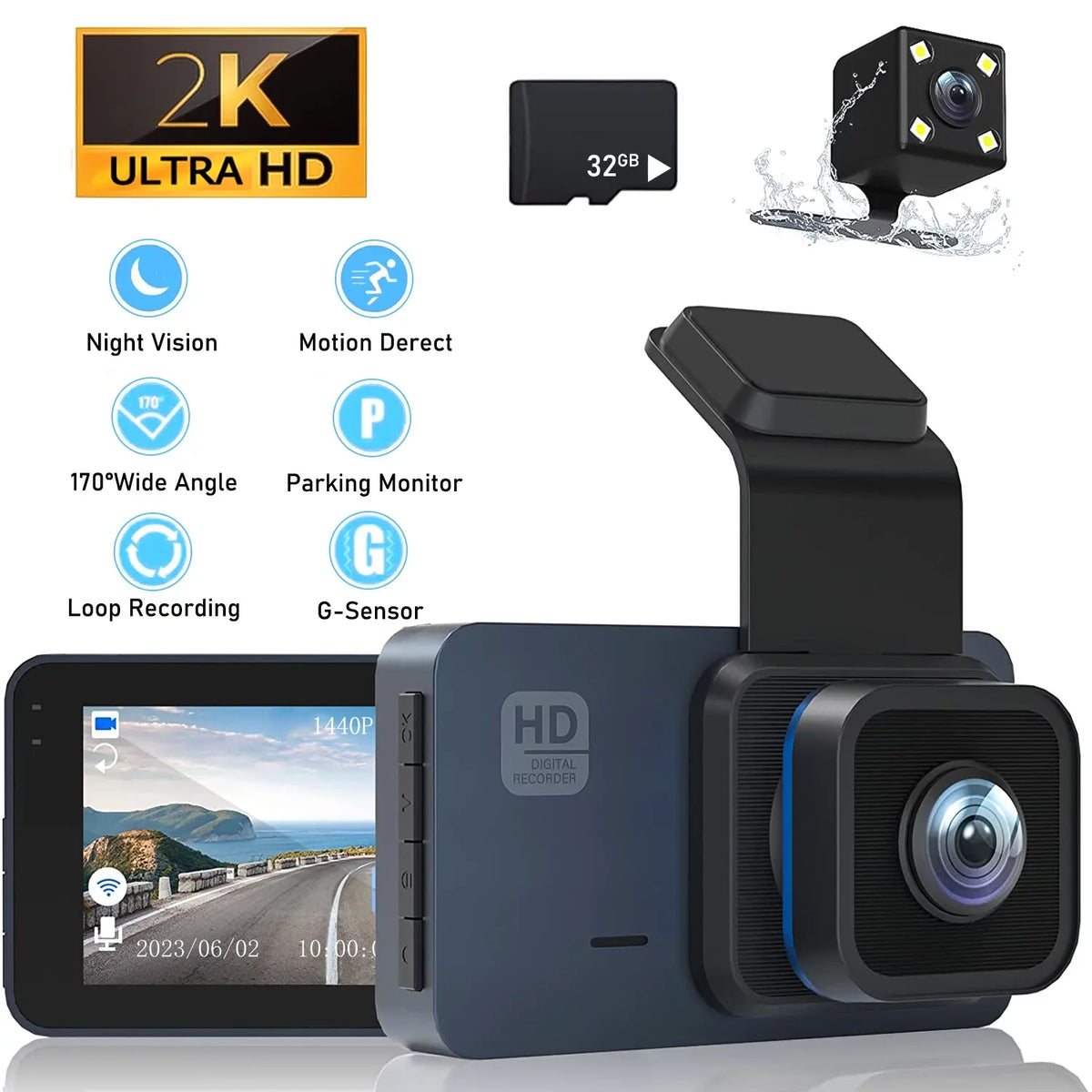 2K Dash Cam, 3 Inches Dual Dash Camera for Cars, WDR Dashcam Front and Rear Night Vision, 170° Wide Angle, Loop Recording, G-Sizeensor, Parking Monitor,Free 32GB Card