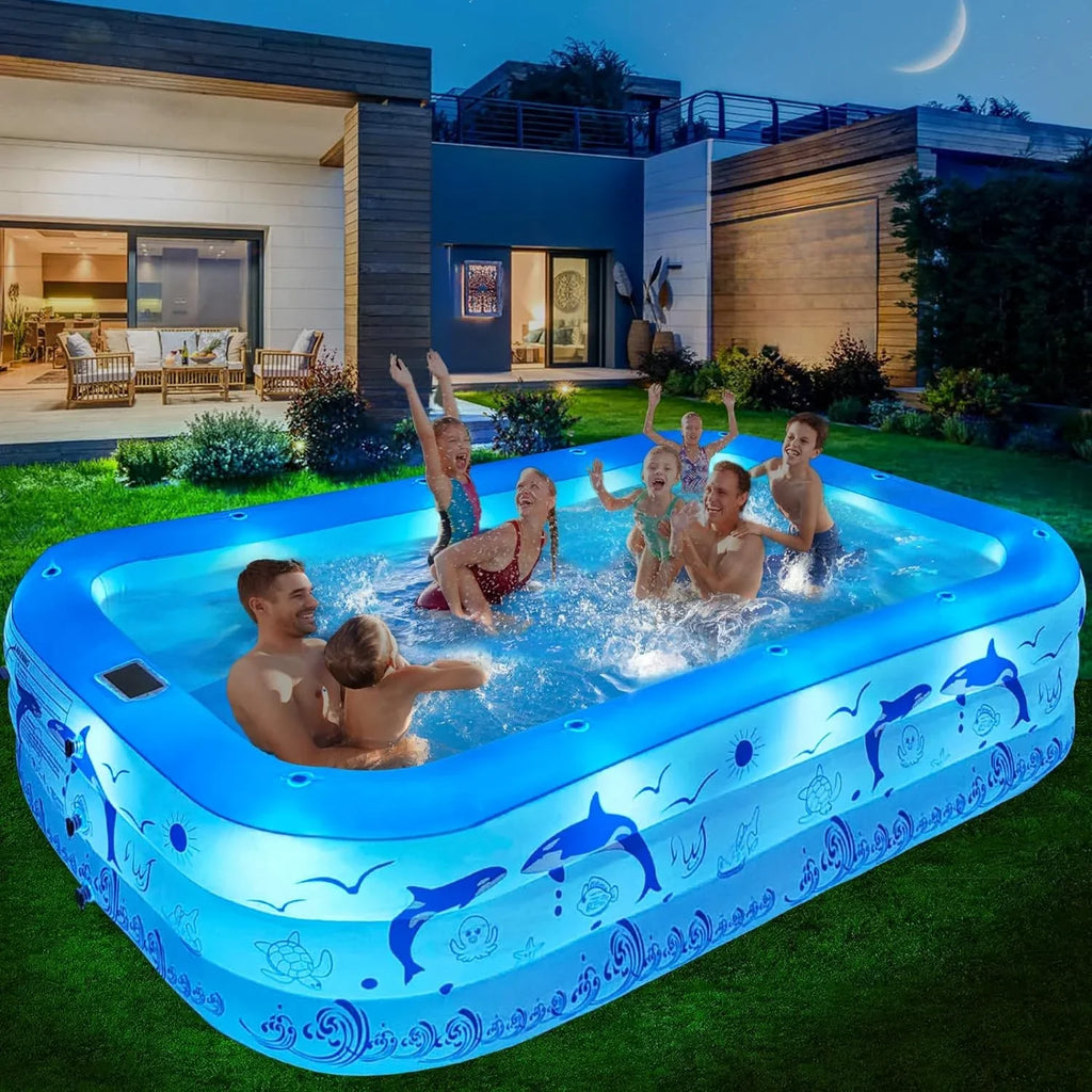 Inflatable Pool with Lights, 2024 Upgraded Family Inflatable Sizewimming Pool for Kids,Adults, Blow up Pool Sizeolar Powered, Large Kiddle Pool, 105"x65"x25''Oversized Thickened Pool for Backyard