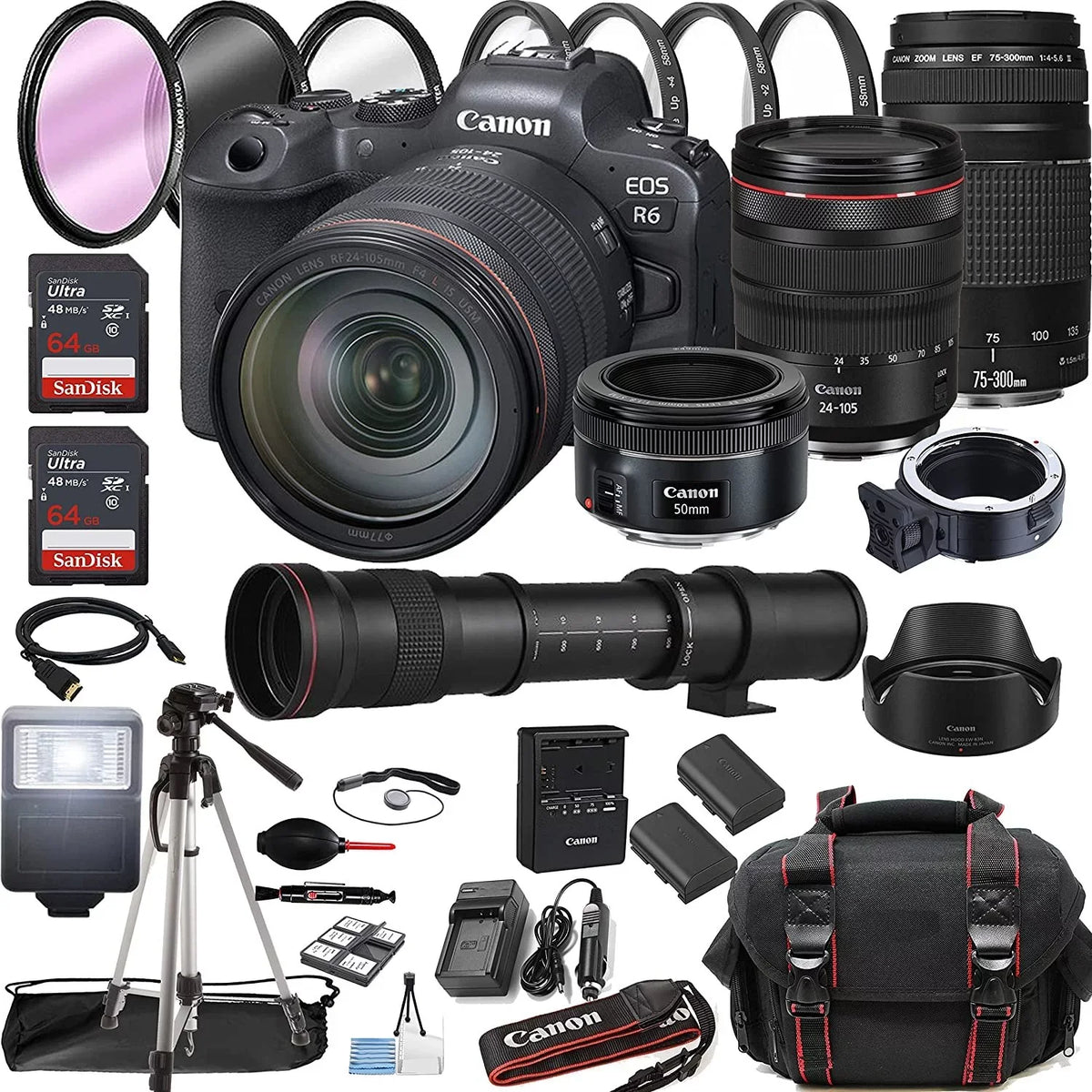Canon EOSize R6 Mirrorless Digital Camera with RF 24-105mm f/4 L is USizeM Lens + RF 100-400mm is USizeM Lens + 128GB Memory + Case + Tripod + Filters 41pc Bundle