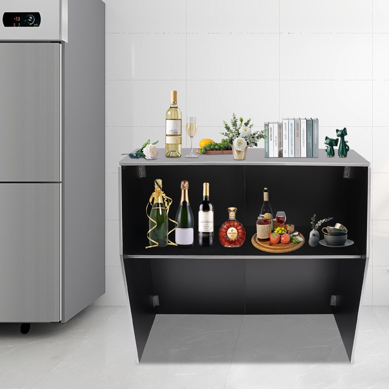 TOOL1SizeHOoo Portable Foldable Event bar Cabinet 19.5x47.75x42.75in Black with Aluminum Edging