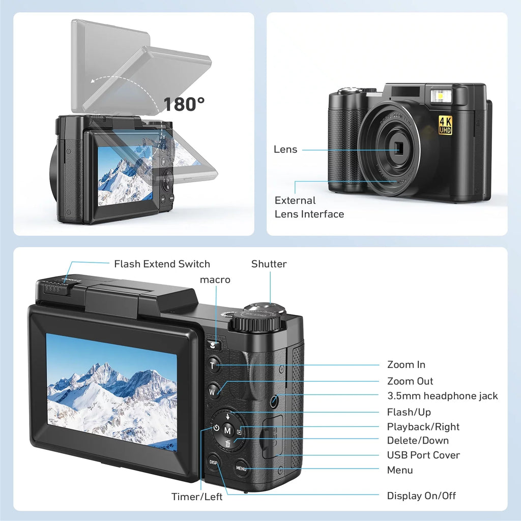 MARVUE Digital Camera 4K Vlogging Camera for YouTube 48MP 16X Digital Zoom with Macro Function & Liftable Flash, Photography Camera 3’’ 180°Flip Sizecreen