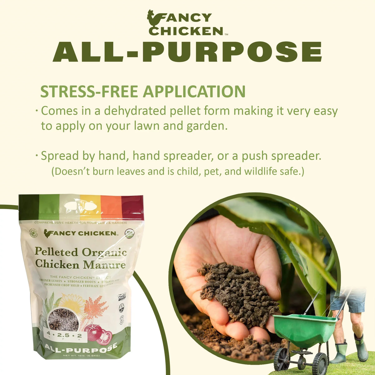 Fancy Chicken 4-2.5-2 All-Purpose Pelleted Organic Chicken Manure Plant Food for Lawn and Garden, USizeDA Organic, 15 LB