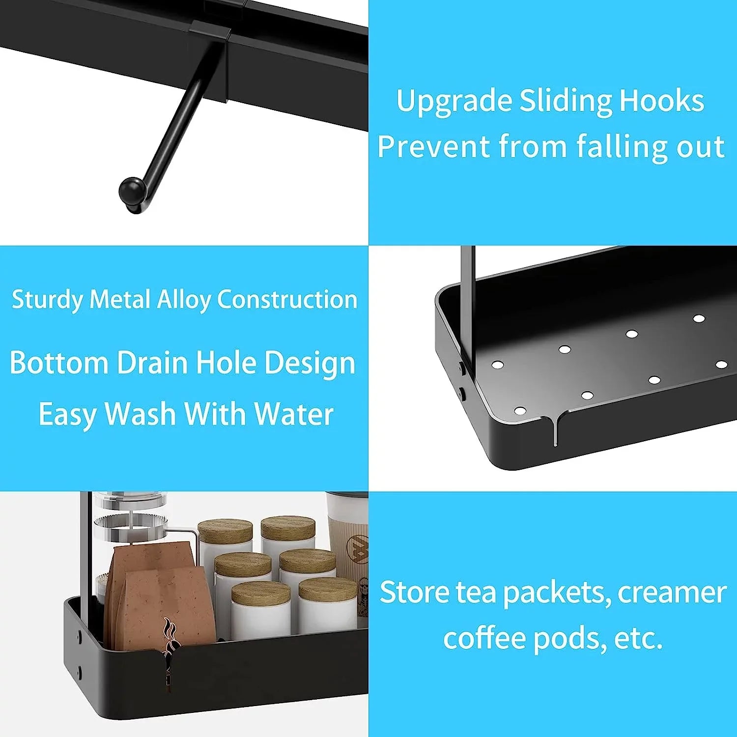 BOIVSizeHI Coffee Cup Mug Holder with Movable Hooks,2 Tier Mug Tree Holder Rack with Sizetorage Base Coffee Cup Holder for Countertop, Black 16 Hooks