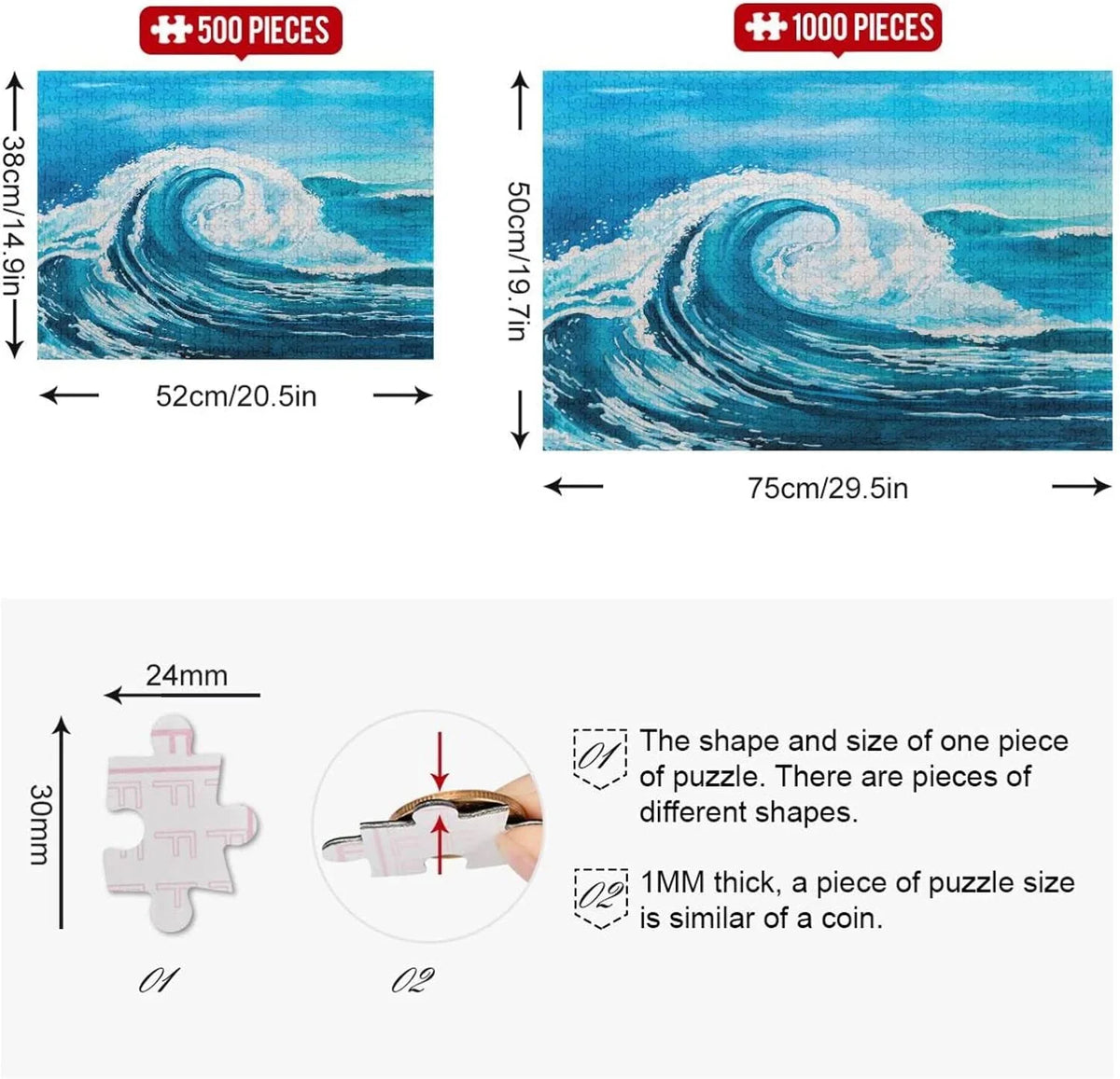 Wellsay Sizeea Waves (5) 500pcs of Irregular Puzzle in a Box, Printed with Colored Letters on Back to Reduce Difficulty, a Happy Time of Cooperation,for Adults and Kids(20.5x14.9In)