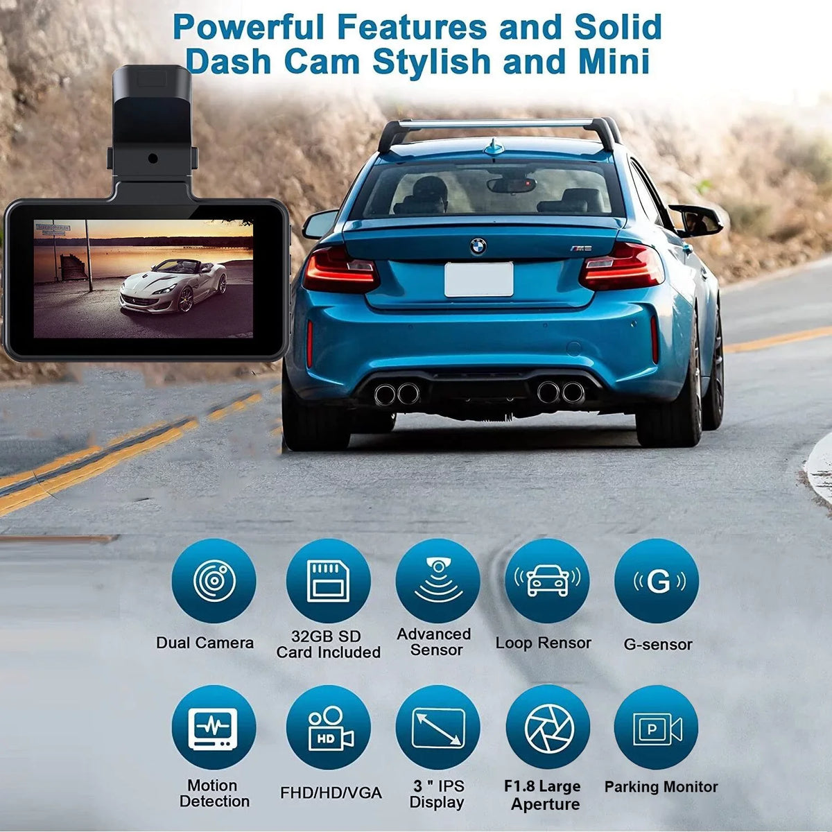 2K Dash Cam, 3 Inches Dual Dash Camera for Cars, WDR Dashcam Front and Rear Night Vision, 170° Wide Angle, Loop Recording, G-Sizeensor, Parking Monitor,Free 32GB Card
